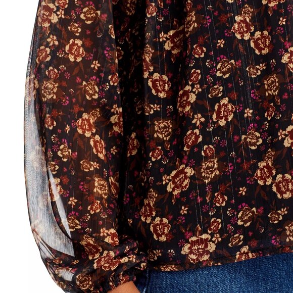 88$ KOKO + MASON Button Front Blouse Top Long Sheer Sleeves Size S Black Multi - Picture 5 of 5